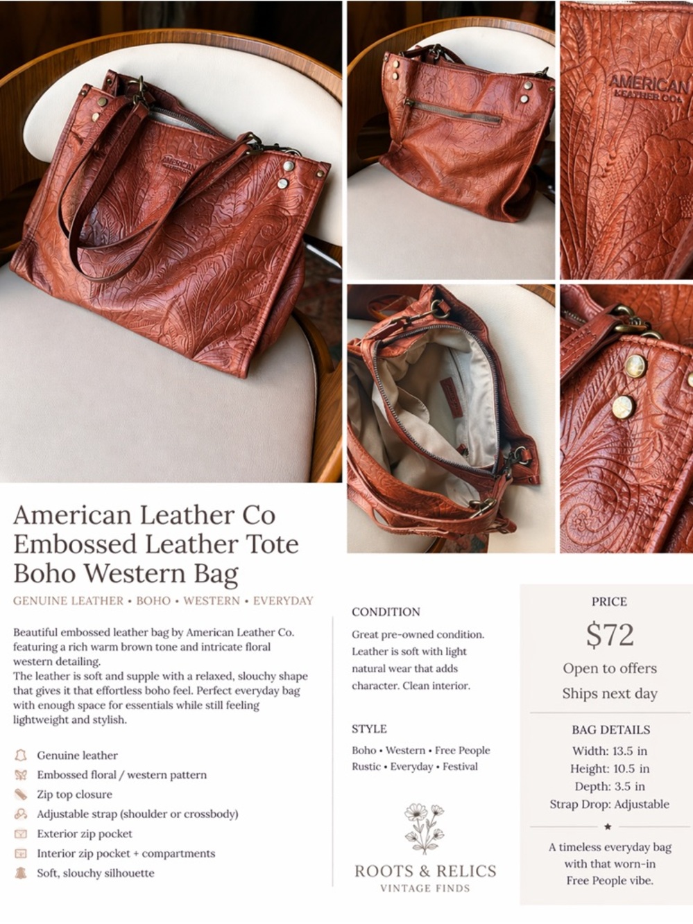 Embossed Brown Leather Tote Bag